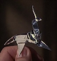 Gaff makes an origami unicorn from silver foil