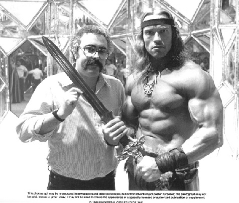 Paul M. Sammon and Arnold Schwarzenegger on the set of Conan the Destroyer