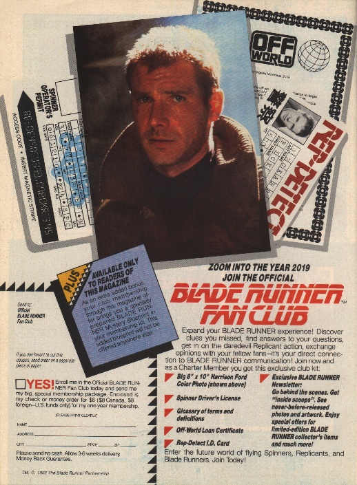 Blade Runner Fan Club advertisement