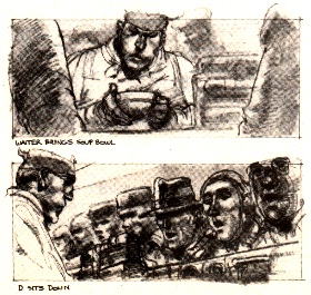 Early storyboard of counterman and Deckard at noodle bar